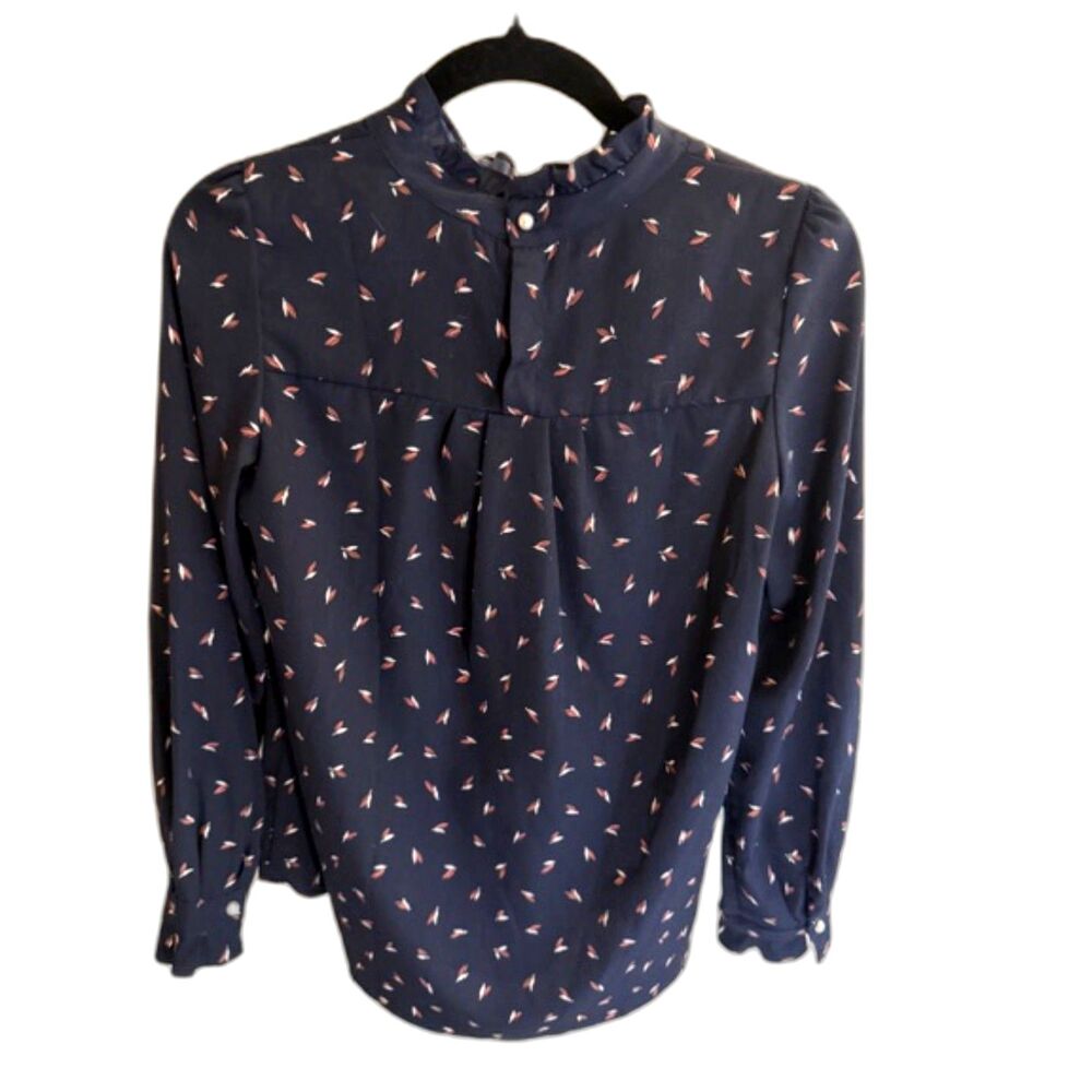 Roem Navy Print Blouse Ruffle Neck Long Sleeve Lightweight Top S/M